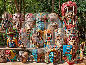 Wooden masks art and craft, Chichen Itza market, Mexico