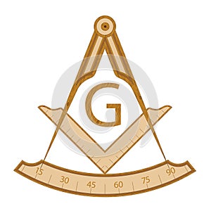 Wooden masonic square and compass symbol