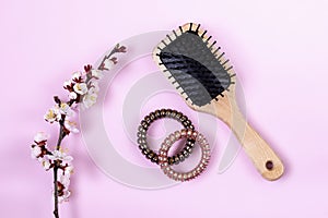 Wooden massage comb, spirals for hair and flowering apricot branch on pink background. beauty girl female concept