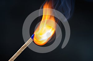 Wooden match stick with blue head ignited and burning bright big fire on black