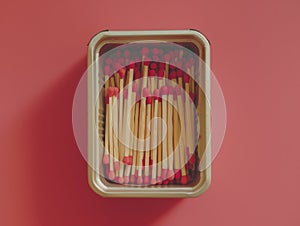 Wooden Matchsticks with Red Heads Neatly Arranged in a Rectangular Container on a Red Background Close up Shot photo