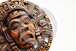 Wooden Mayan Mask Isolated, Carved Mexican Tribe Mask, Wooden Masks of Maya on White
