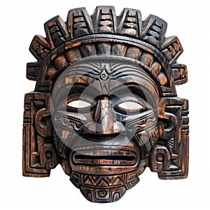 Wooden Mayan Mask Isolated, Carved Mexican Tribe Mask, Wooden Masks of Maya on White