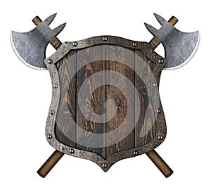 Wooden medieval heraldic shield with crossed battle axes 3d illustration