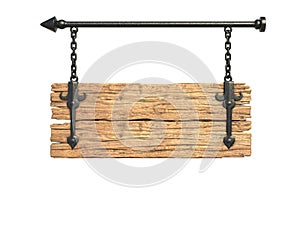 Wooden medieval sign board hanging on chain isolated on white 3d rendering