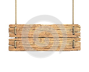 Wooden medieval sign board hanging on rope isolated on white 3d rendering