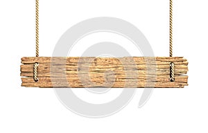 Wooden medieval sign board hanging on rope isolated on white 3d rendering