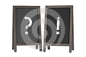 Wooden Menu Blackboard Outdoor Displays with Question and Exclamation Marks. 3d Rendering