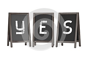 Wooden Menu Blackboard Outdoor Displays with Yes Sign. 3d Render