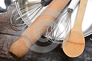 Wooden and metal cookings utensils