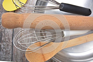 Wooden and metal cookings utensils