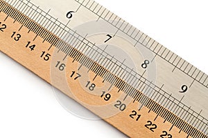 Wooden and metal rulers in centimeters and inches.