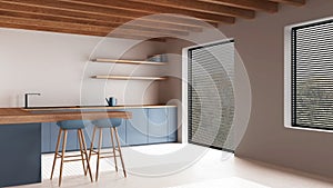 Wooden minimal kitchen in white and blue tones with resin floor. Beams ceiling, cabinets, island with stools and panoramic window