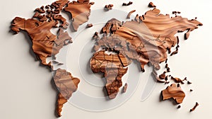 Wooden Minimalistic World Map: 3D Render on White Background