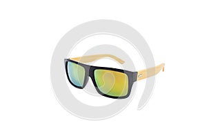 Wooden mirrored sunglasses isolated over the white background