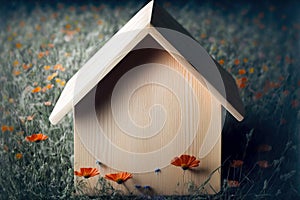 Wooden model house in a field of flowers, ai generated