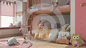 Wooden modern children bedroom with bunk bed in red and pastel tones, parquet floor, big window with bench and blinds, desk,