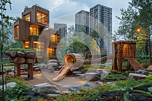 A wooden modern high building houses a childrens playground in the middle of a park