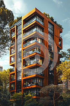 A wooden modern high building with a plethora of windows