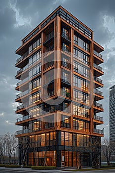 A wooden modern high-rise building with a plethora of windows reaching into the sky