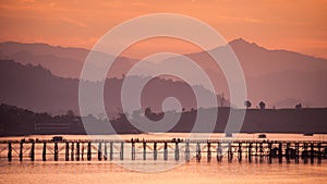 Wooden Mon Bridge during sunrise, Sangkhla Buri,Kanchanaburi