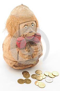 Wooden Monkey Bank and Coins