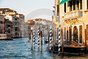 Wooden mooring piles along the Grand Canal, Venice, Italy