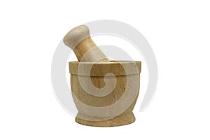 Wooden mortar and pestle for crushing herbal medicine or cooking, isolate on white background
