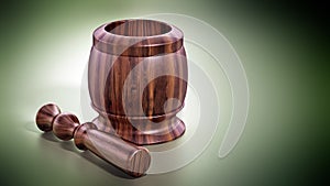 Wooden mortar and pestle isolated on green background. 3D illustration