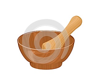 Wooden mortar with pestle isolated on white background. Vector illustration of kitchen utensils