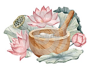 Wooden Mortar and Pestle with pink Lotus. Watercolor hand drawn illustration of Bowl and water lily for Spa therapy and