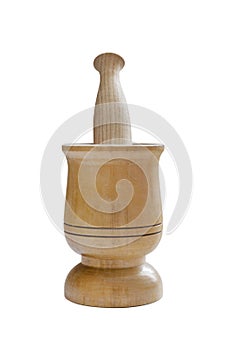 Wooden Mortar and Pestle with white background.