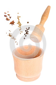 Wooden mortar for spice. collage isolated