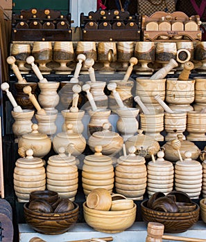 wooden mortars and pestles as a kitchenware