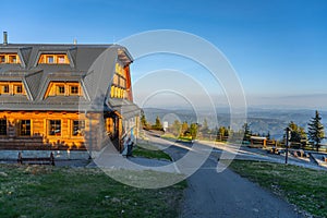 Wooden mountian chalet on the summit of Lysa Mountain