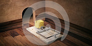 Wooden mouse trap, bait cheese, mouse hole and wooden floor background. 3d illustration