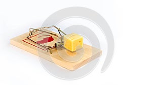 Wooden mouse trap with a piece of cheese, isolated on white background