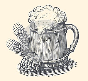 Wooden mug with beer drink. Brewery or pub, hand drawn sketch vector illustration