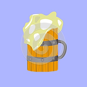 Wooden mug full of beer, with froth, illustration