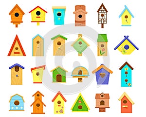 Wooden multicolored birdhouses of various shapes