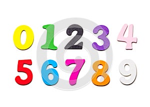 Wooden multicolored numbers close-up, on a white background