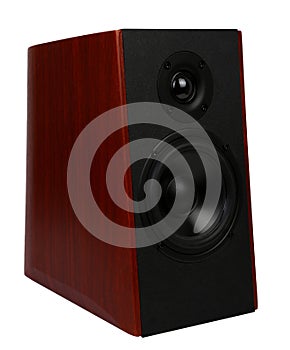 Wooden multimedia speaker system isolated on white background. professional audio stereo system