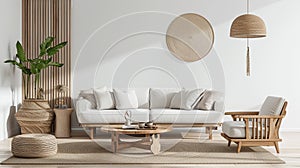 Wooden natural furniture in Scandinavian living room design, interior wall mock up. AI Generative
