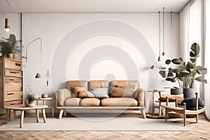 Wooden natural furniture in Scandinavian living room design, interior wall mock up Generated Ai