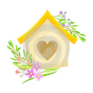 Wooden Nesting Box with Blooming Flower and Grass Blades as Spring Vector Composition