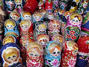 Wooden nesting dolls. Hand painted. Matryoshka dolls, traditional Russian souvenirs.