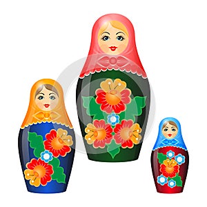 Wooden nesting dolls in shawls and ethnic floristic patterns