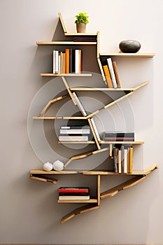 Wooden non symmetrical shelves with books on gray background Modern home interior design