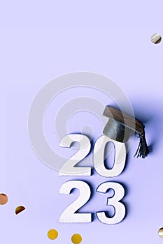 Wooden number 2023 with graduated cap and fly tinsel on purple background. Class of 2023 concept