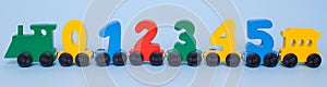 wooden numbers 0,1,2,3,4,5 letters train cars alphabet . Bright colors of red yellow green on a white background. Early mathematic